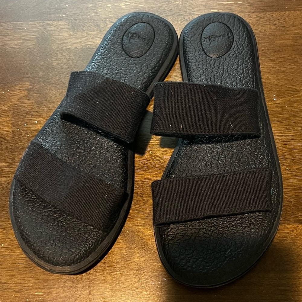 Sanuk sandals flip flop black yoga mat bottom size 7